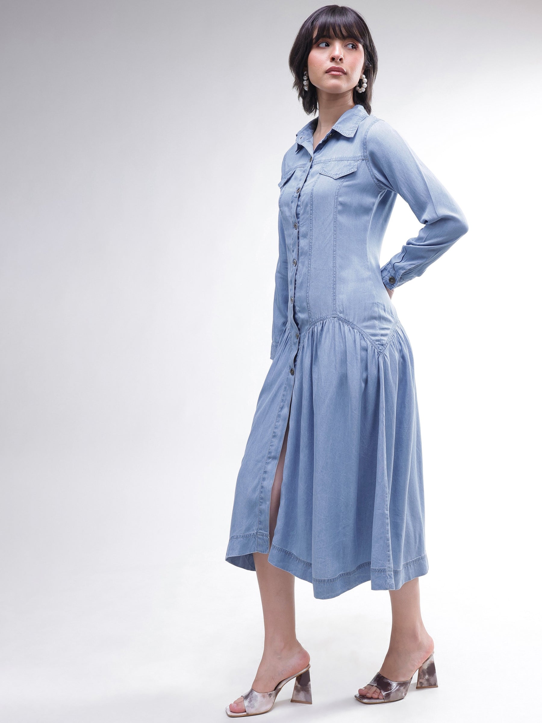 Blue Tencel Drop Waist Full Sleeve Maxi Dress-SASSAFRAS