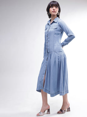 Blue Tencel Drop Waist Full Sleeve Maxi Dress-SASSAFRAS