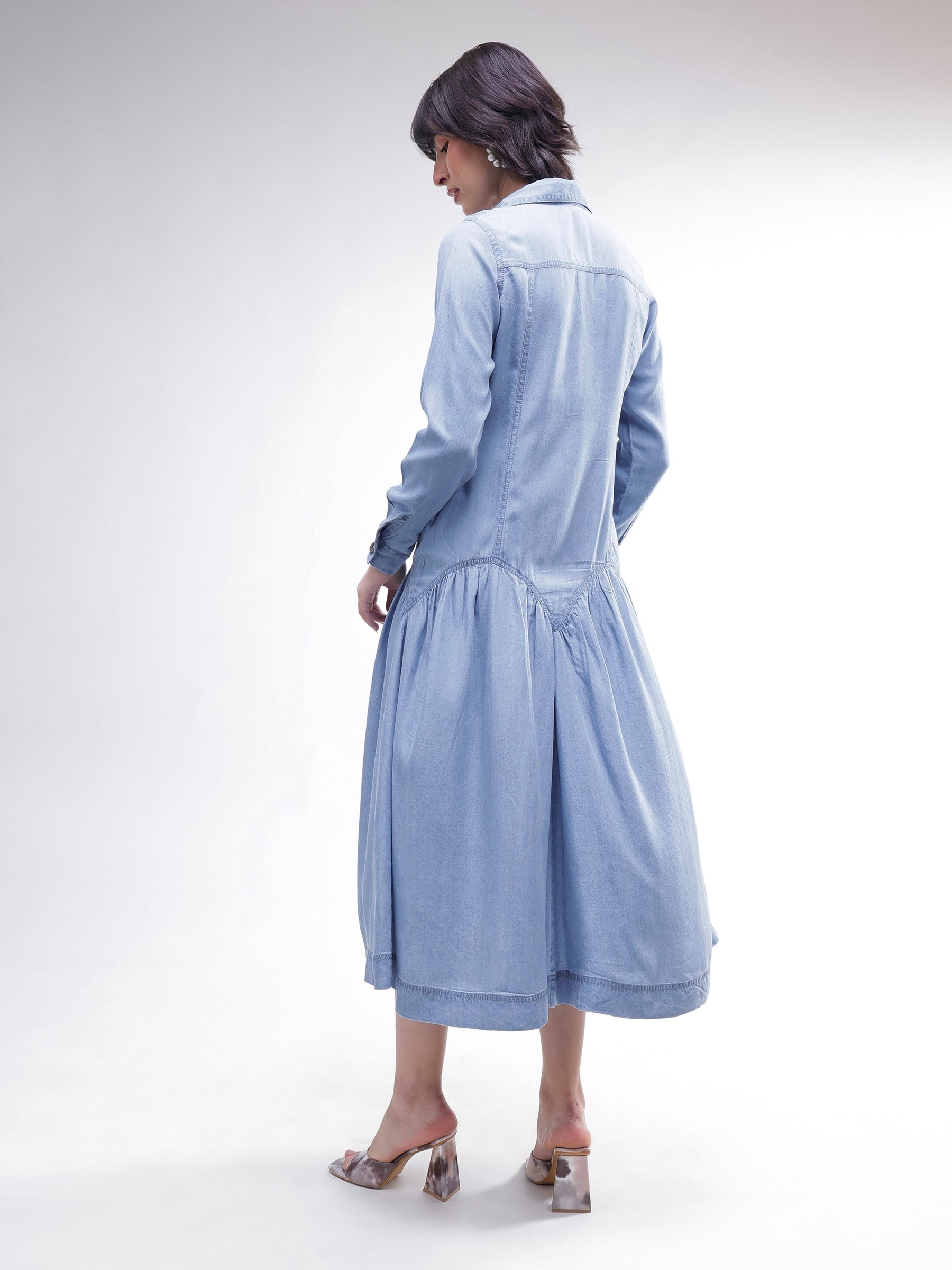 Blue Tencel Drop Waist Full Sleeve Maxi Dress-SASSAFRAS