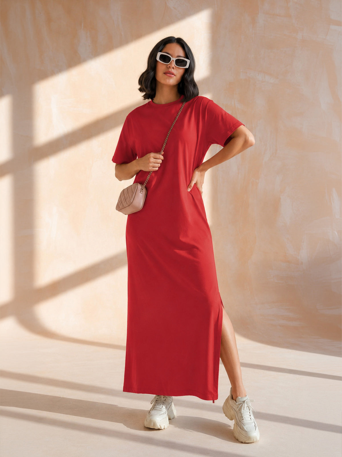 Red Oversized Round Neck T-Shirt Maxi Dress-SASSAFRAS BASICS