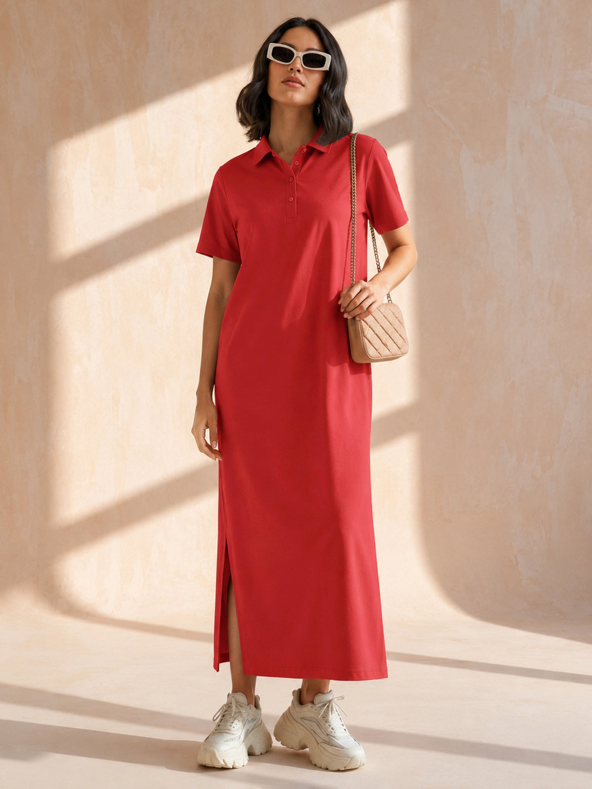 Red Oversized Polo Neck T-Shirt Maxi Dress-SASSAFRAS BASICS