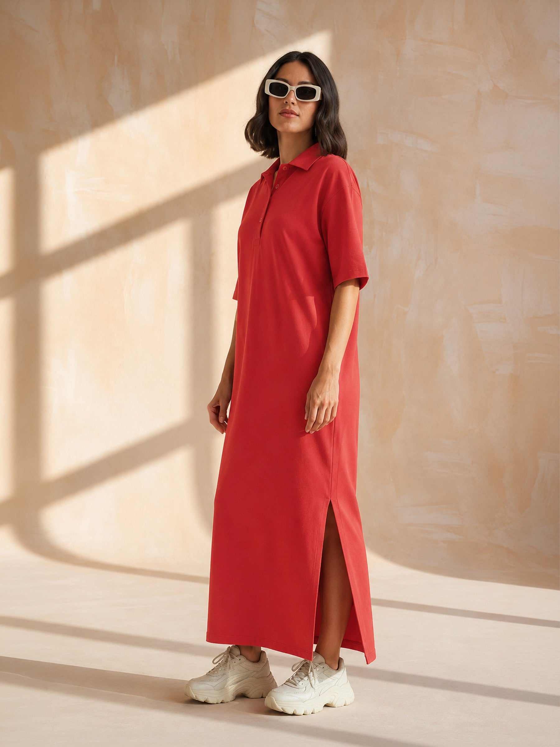 Red Oversized Polo Neck T-Shirt Maxi Dress-SASSAFRAS BASICS