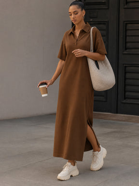 Brown Oversized Polo Neck T-Shirt Maxi Dress-SASSAFRAS BASICS