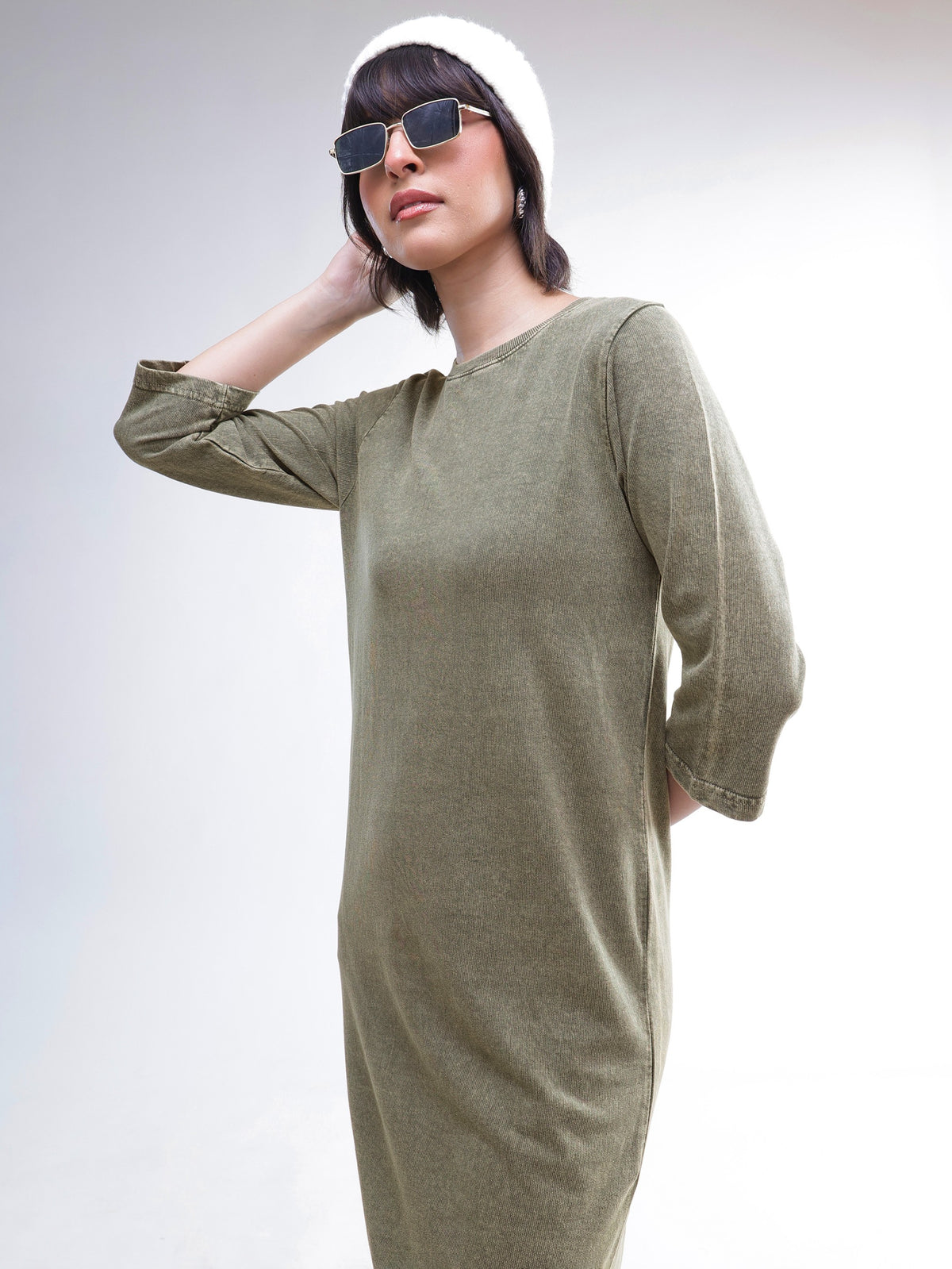 Green Overdyed Long Sleeves T-Shirt Maxi Dress-SASSAFRAS BASICS