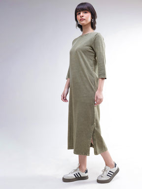 Green Overdyed Long Sleeves T-Shirt Maxi Dress-SASSAFRAS BASICS