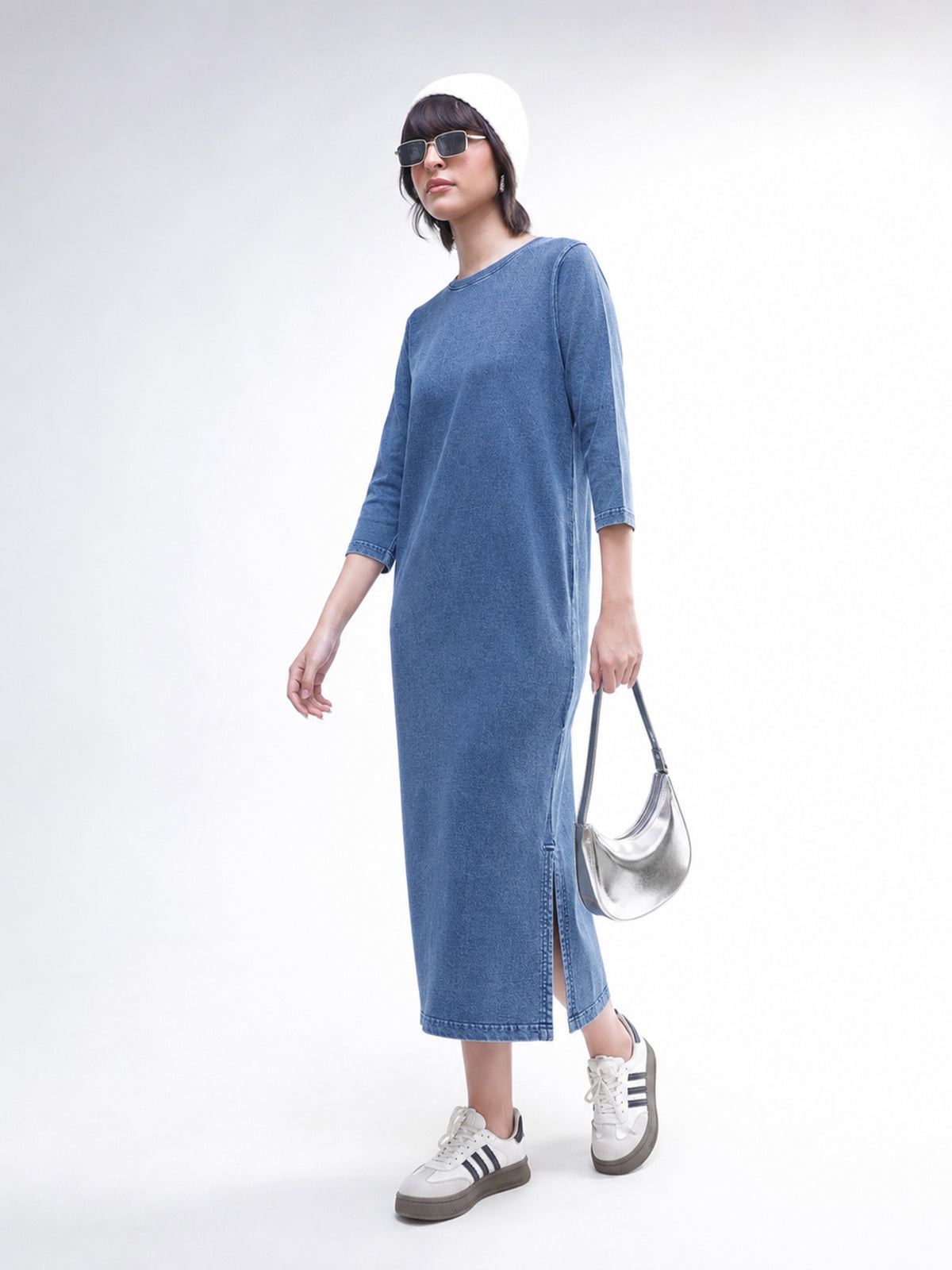 Blue Overdyed Long Sleeves T-Shirt Midi Dress-SASSAFRAS BASICS