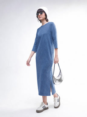 Blue Overdyed Long Sleeves T-Shirt Midi Dress-SASSAFRAS BASICS