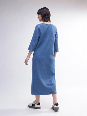 Women Blue Overdyed Long Sleeves T-Shirt Midi Dress