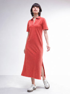Red Overdyed Polo Neck T-Shirt Midi Dress-SASSAFRAS BASICS
