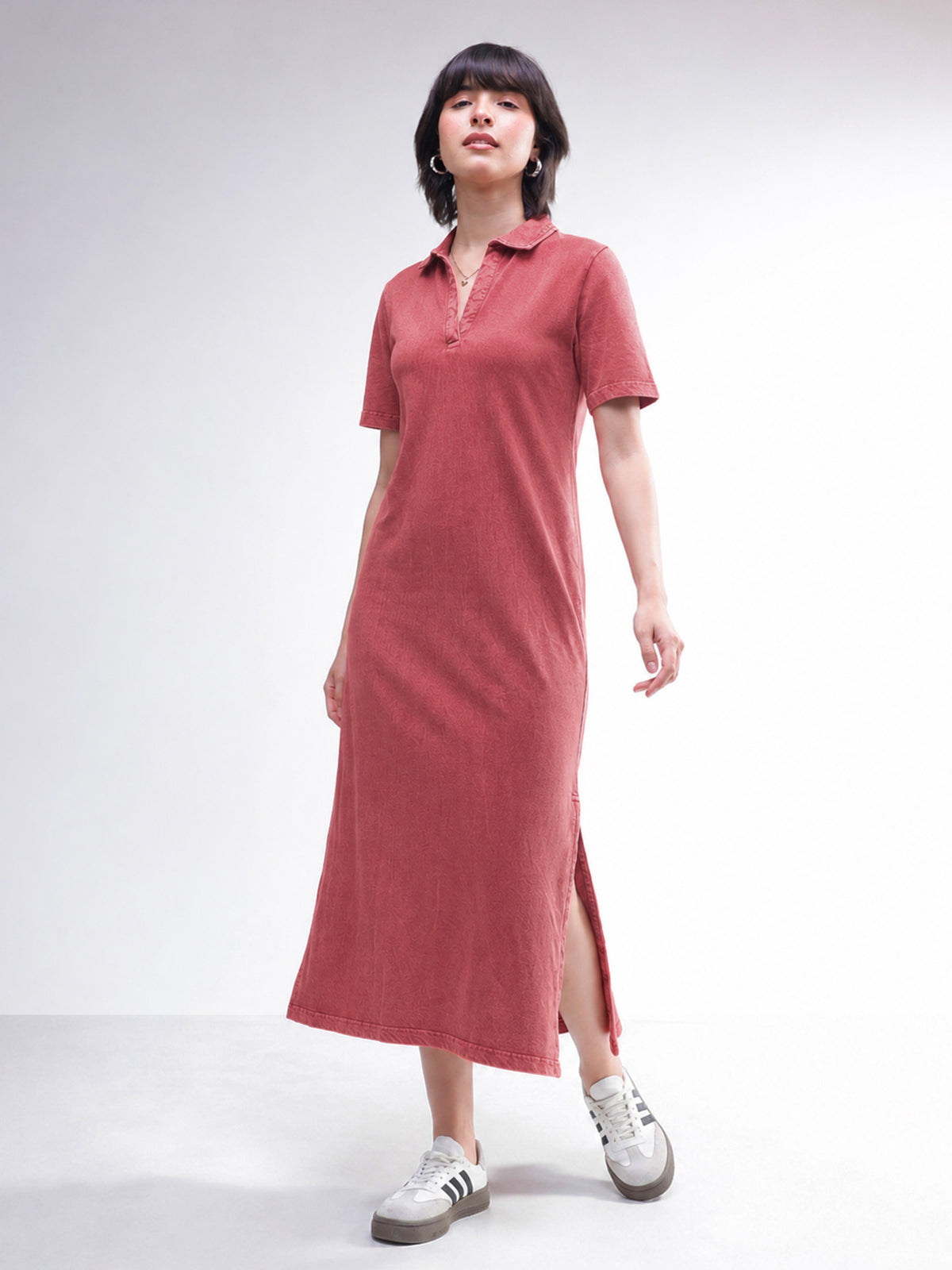 Women Red Overdyed Polo Neck T-Shirt Midi Dress