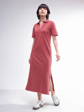 Women Red Overdyed Polo Neck T-Shirt Midi Dress