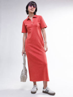 Red Overdyed Polo Neck T-Shirt Midi Dress-SASSAFRAS BASICS