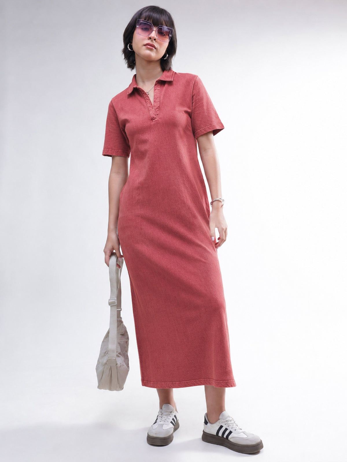Women Red Overdyed Polo Neck T-Shirt Midi Dress