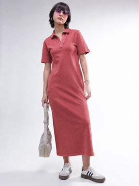 Women Red Overdyed Polo Neck T-Shirt Midi Dress