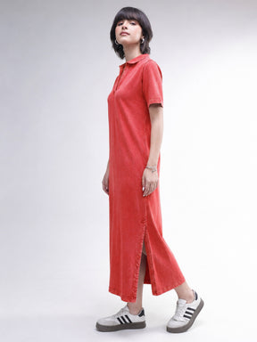 Red Overdyed Polo Neck T-Shirt Midi Dress-SASSAFRAS BASICS