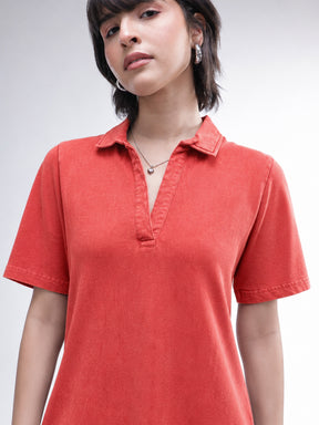 Red Overdyed Polo Neck T-Shirt Midi Dress-SASSAFRAS BASICS