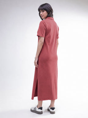 Women Red Overdyed Polo Neck T-Shirt Midi Dress