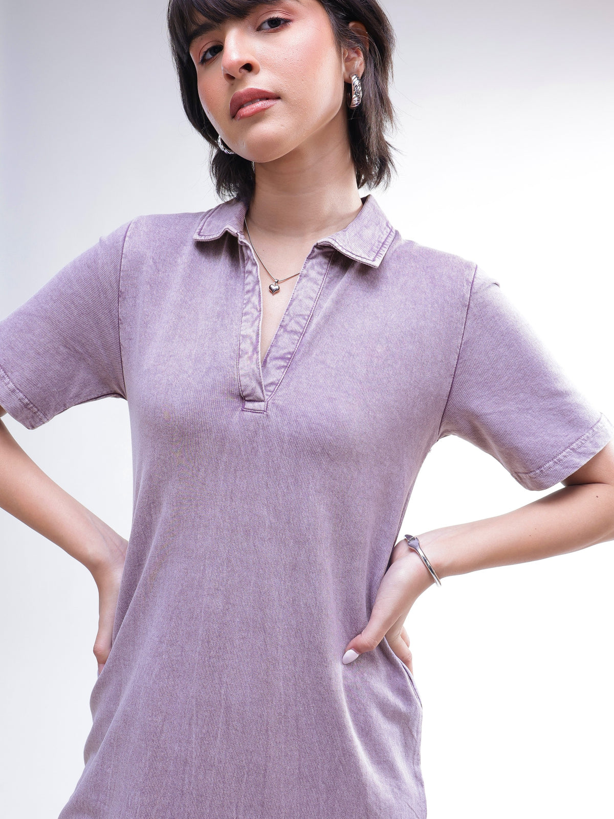 Lavender Overdyed Polo Neck T-Shirt Maxi Dress-SASSAFRAS BASICS