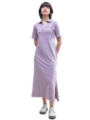 Women Lavender Overdyed Polo Neck T-Shirt Maxi Dress