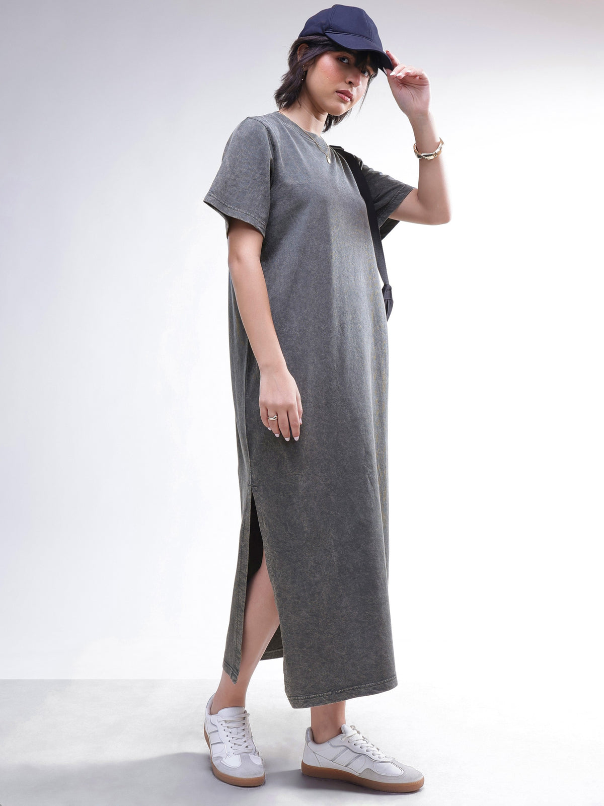 Grey Overdyed Short Sleeves T-Shirt Midi Dress-SASSAFRAS BASICS