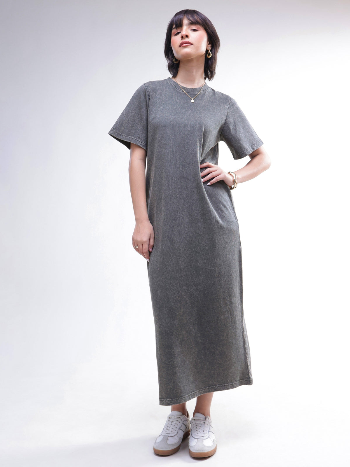 Grey Overdyed Short Sleeves T-Shirt Midi Dress-SASSAFRAS BASICS