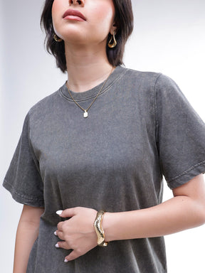 Grey Overdyed Short Sleeves T-Shirt Midi Dress-SASSAFRAS BASICS