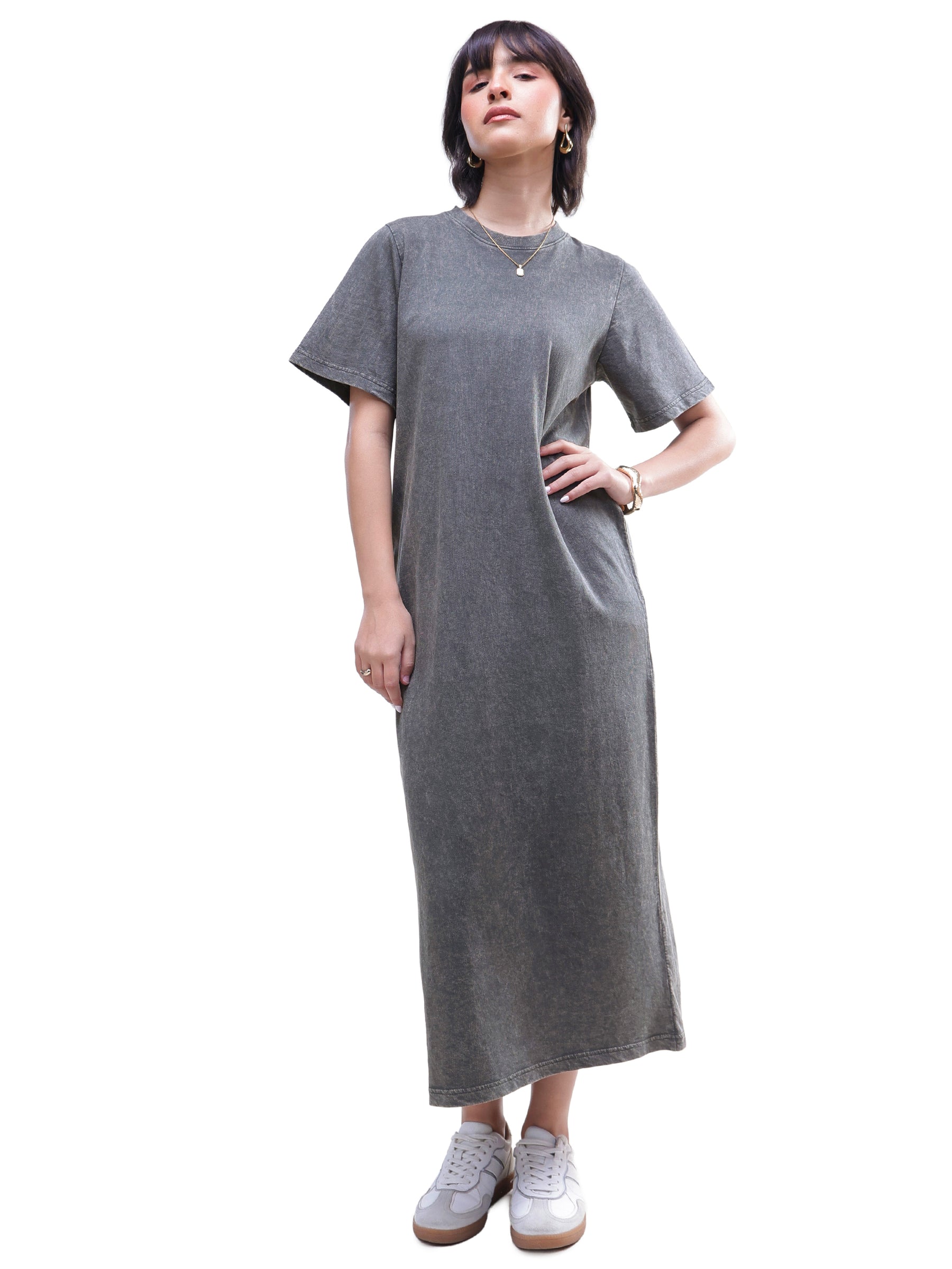 Women Grey Overdyed Short Sleeves T-Shirt Midi Dress