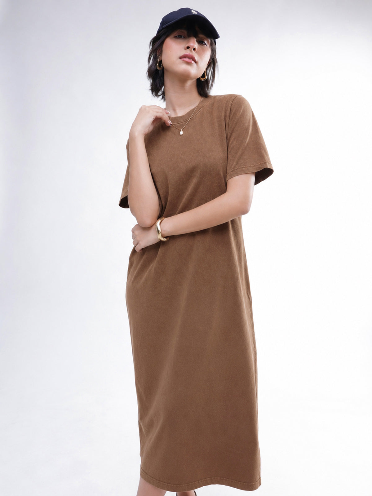 Brown Overdyed Short Sleeves T-Shirt Midi Dress-SASSAFRAS BASICS