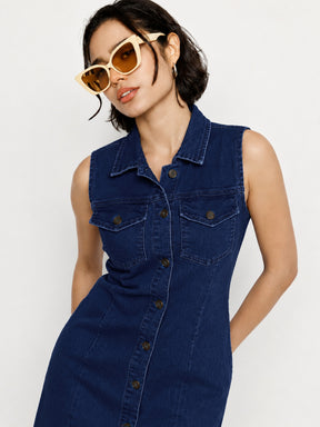 Navy Wash Denim Front Button Midi Dress-SASSAFRAS