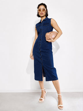 Navy Wash Denim Front Button Midi Dress-SASSAFRAS