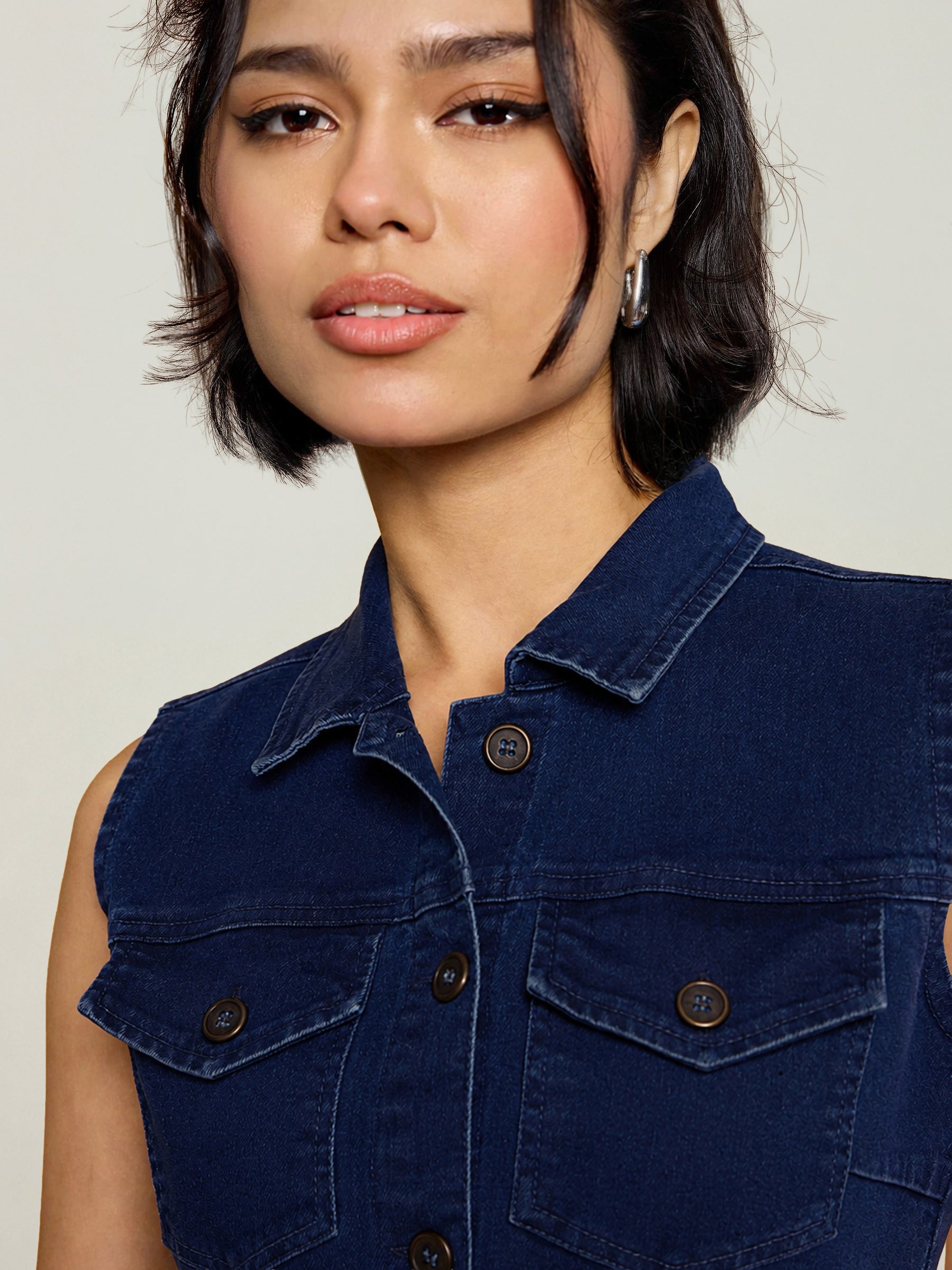 Navy Wash Denim Front Button Midi Dress-SASSAFRAS