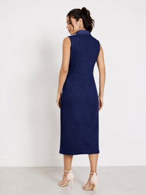 Navy Wash Denim Front Button Midi Dress-SASSAFRAS