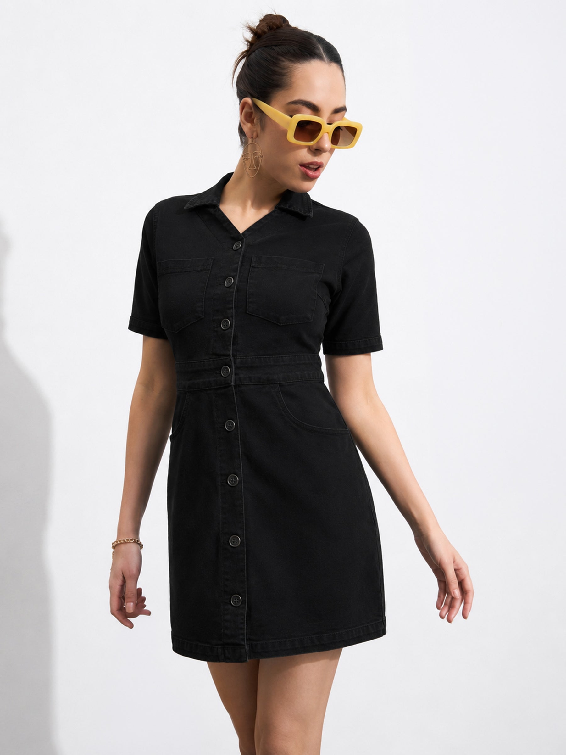 Black Denim Front Button Mini Dress-SASSAFRAS
