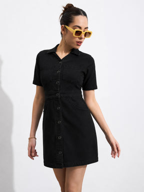 Black Denim Front Button Mini Dress-SASSAFRAS