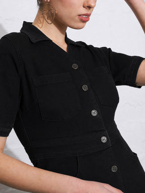 Black Denim Front Button Mini Dress-SASSAFRAS
