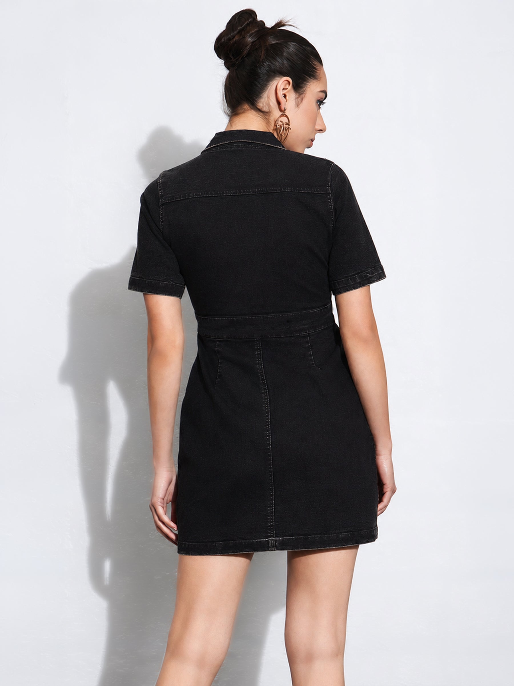 Black Denim Front Button Mini Dress-SASSAFRAS