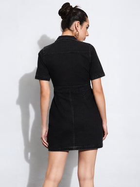 Black Denim Front Button Mini Dress-SASSAFRAS
