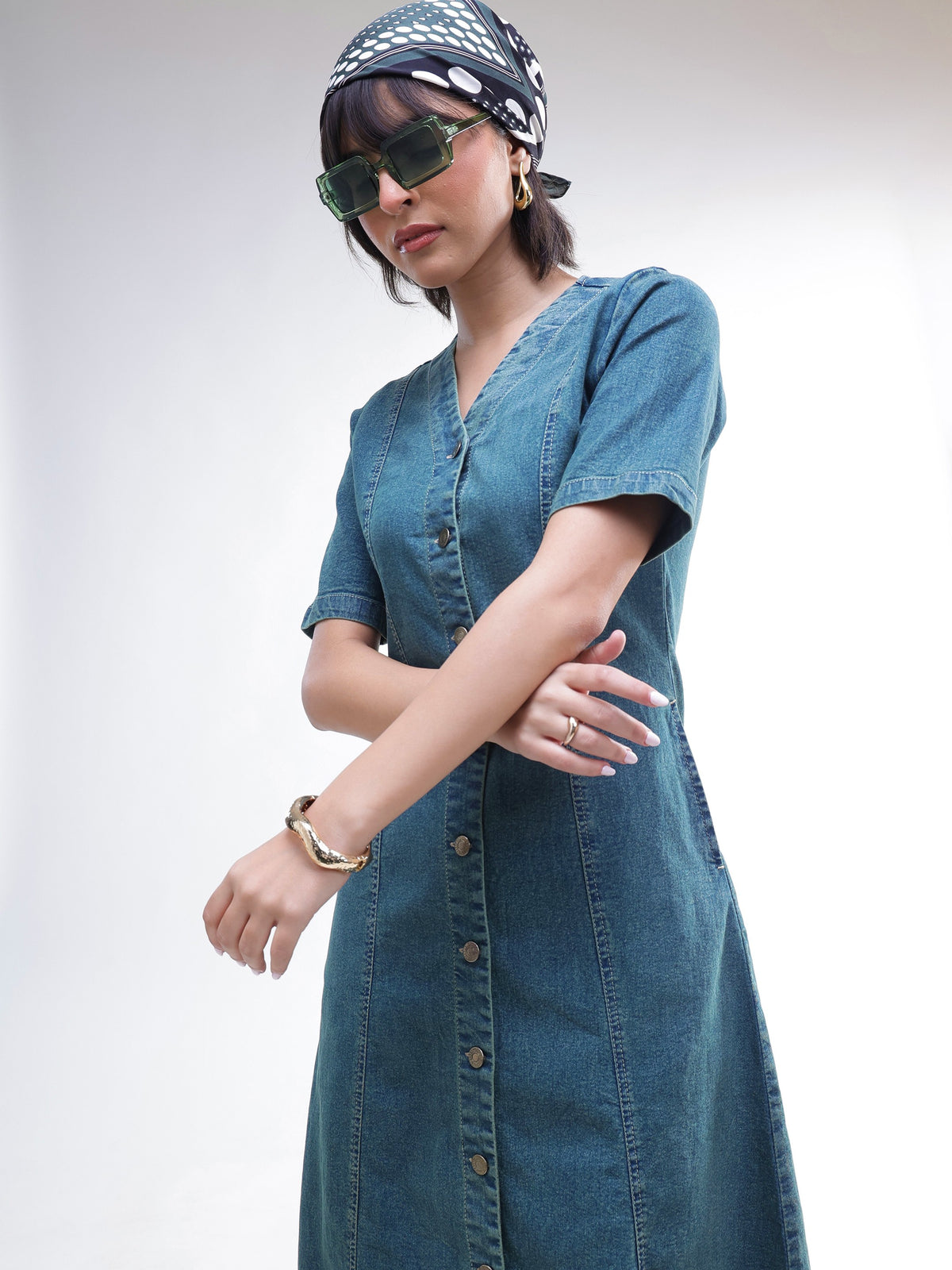 Blue Washed Denim Button Down Midi Dress-SASSAFRAS