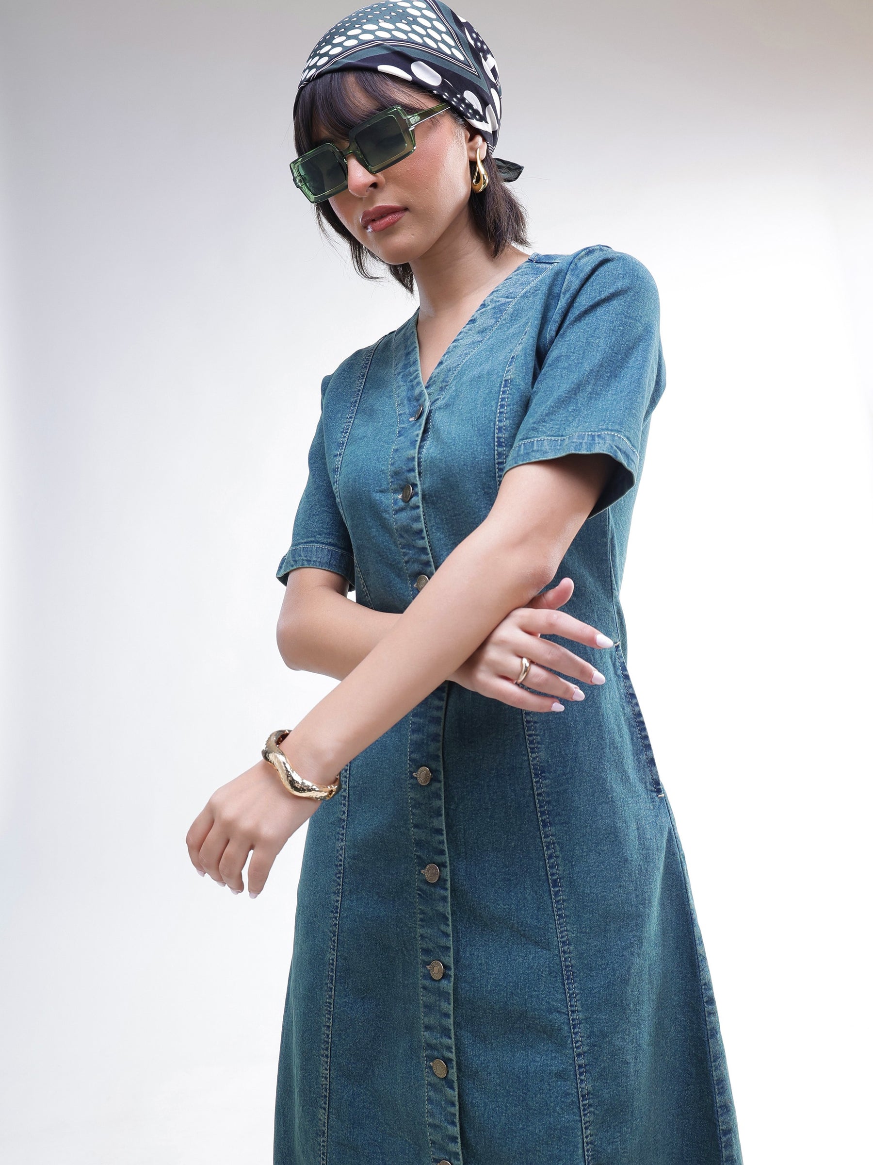 Blue Washed Denim Button Down Midi Dress-SASSAFRAS