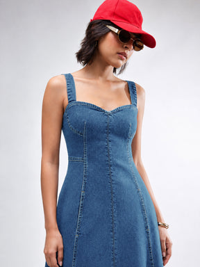 Blue Washed Denim Strappy A-Line Midi Dress-SASSAFRAS