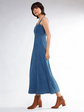 Blue Washed Denim Strappy A-Line Midi Dress-SASSAFRAS
