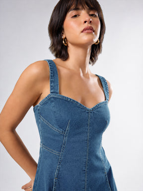 Blue Washed Denim Strappy A-Line Midi Dress-SASSAFRAS