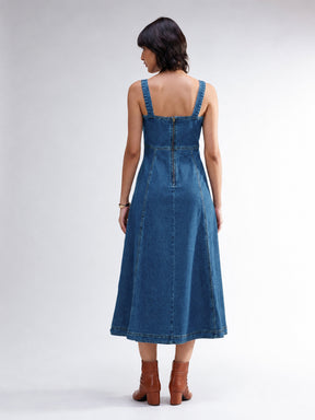 Blue Washed Denim Strappy A-Line Midi Dress-SASSAFRAS