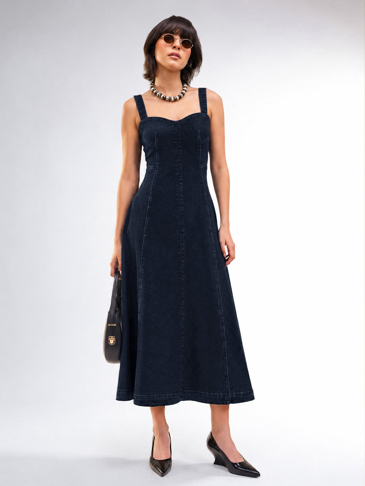 Dark Navy Wash Denim Strappy A-Line Midi Dress-SASSAFRAS