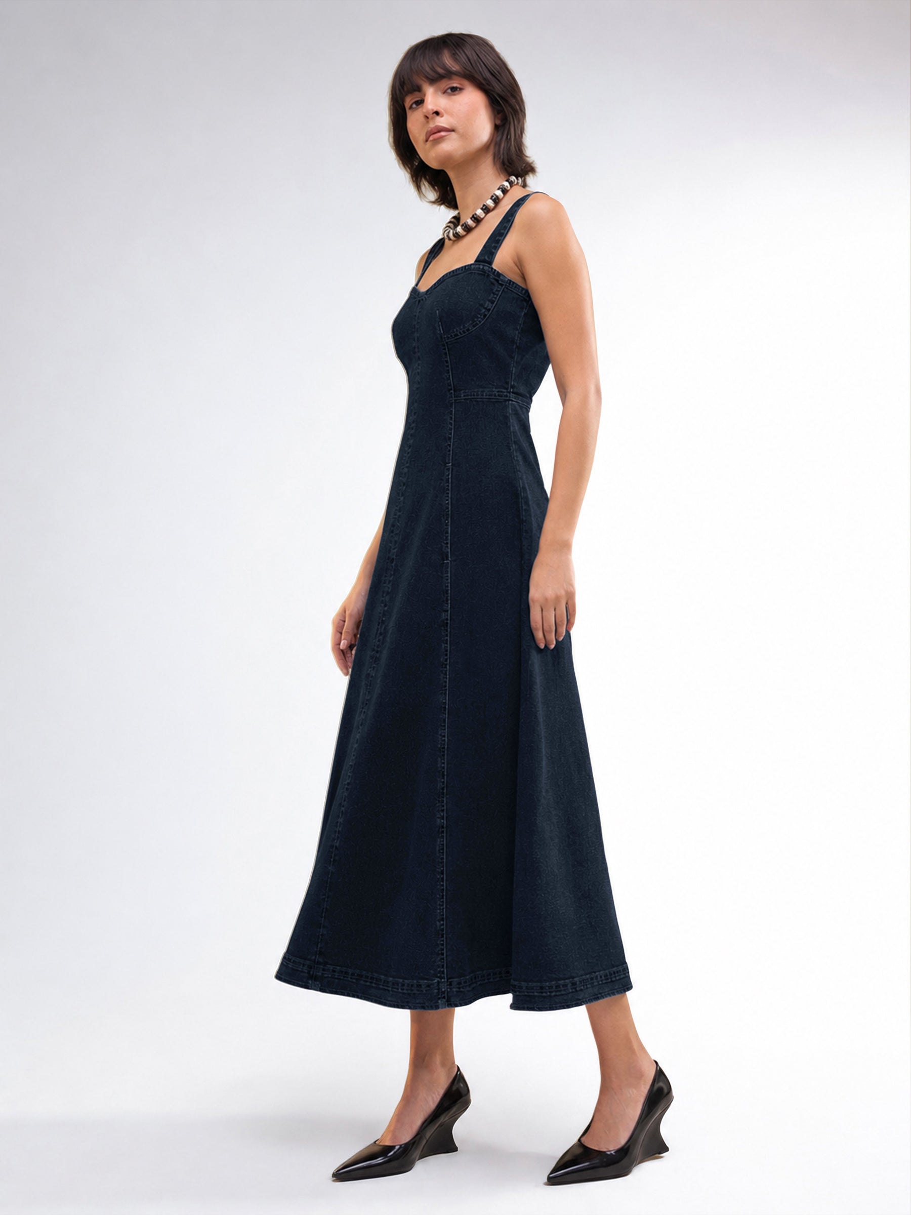 Dark Navy Wash Denim Strappy A-Line Midi Dress-SASSAFRAS