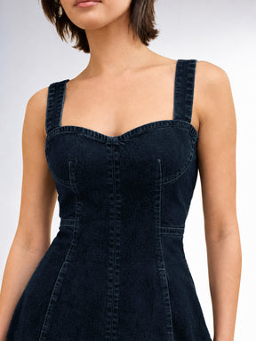 Dark Navy Wash Denim Strappy A-Line Midi Dress-SASSAFRAS