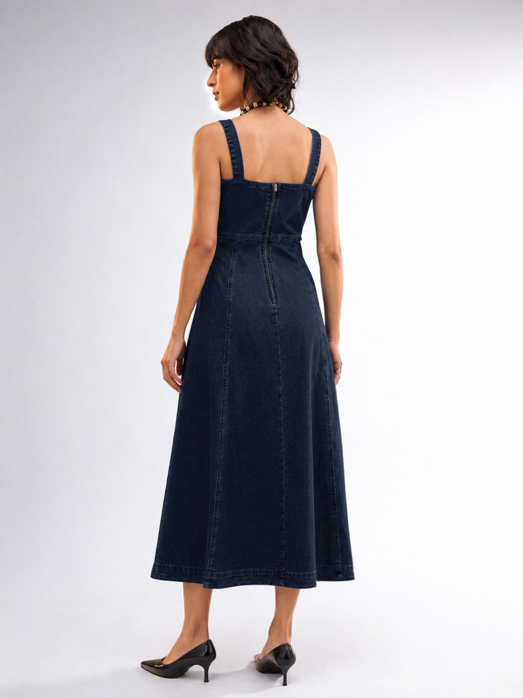 Dark Navy Wash Denim Strappy A-Line Midi Dress-SASSAFRAS