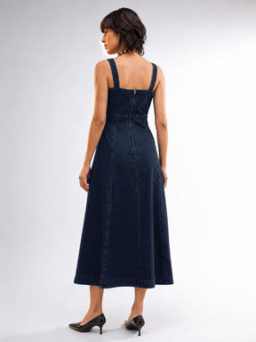 Dark Navy Wash Denim Strappy A-Line Midi Dress-SASSAFRAS