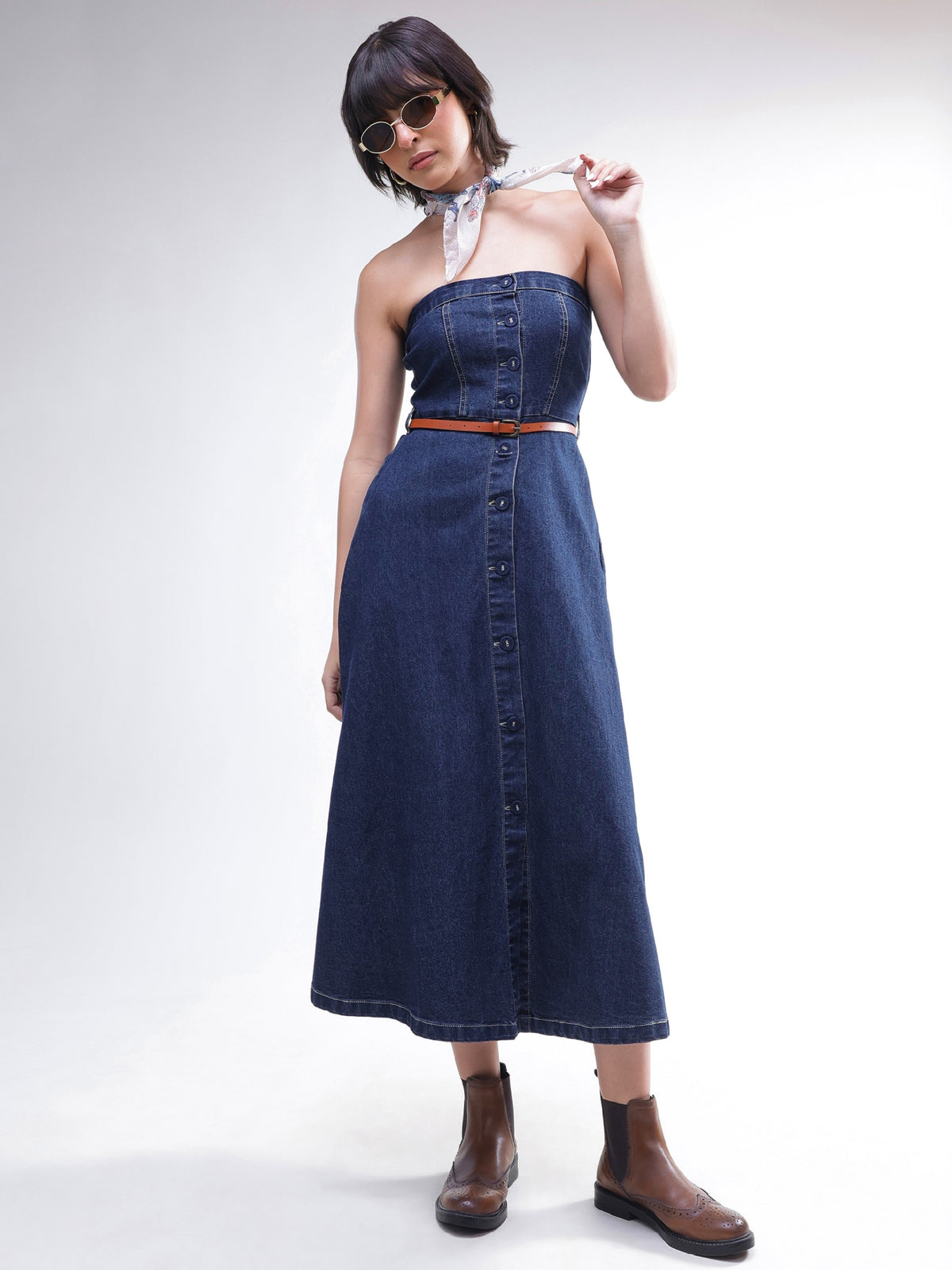 Navy Washed Denim Tube Dress-SASSAFRAS