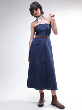 Navy Washed Denim Tube Dress-SASSAFRAS